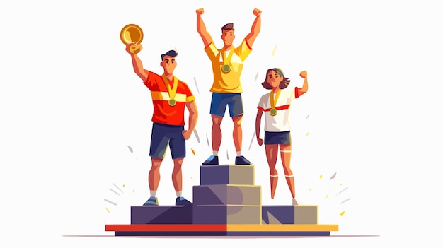 Vector cartoon athletes celebrating victory on podium