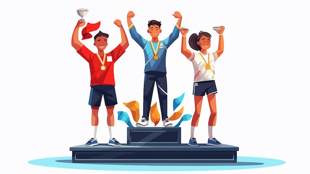 Vector cartoon athletes celebrating victory on podium