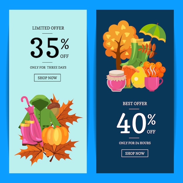 cartoon autumn elements and leaves banner set