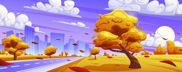 Cartoon autumn landscape Yellow trees on the background of the city Leaf fall