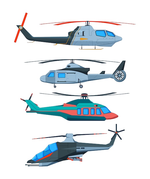 Cartoon avia transport. Various helicopters isolated on white