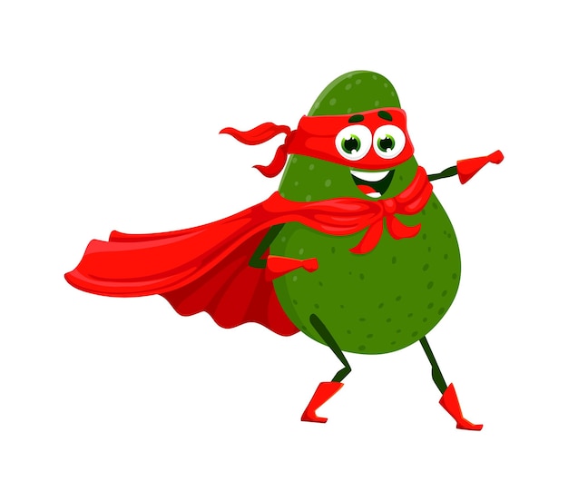 Cartoon avocado superhero character in super hero costume vector funny guardian Cute kawaii avocado in superhero power cape and red mask kids superman vegetable food character of guardian defender