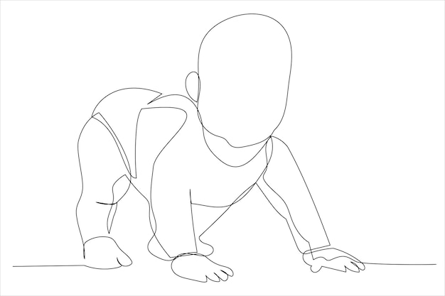 Cartoon of baby boy toddler trying to stand up Continuous line art