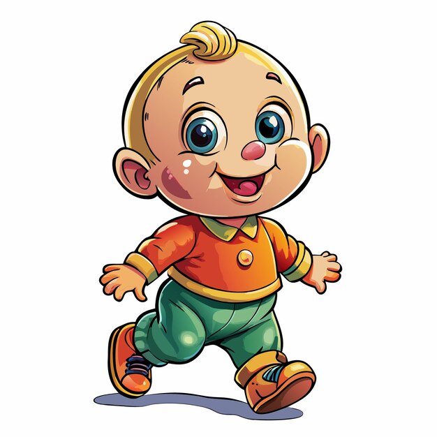 Vector a cartoon baby boy with blonde hair and a big smile walking in red and green clothes