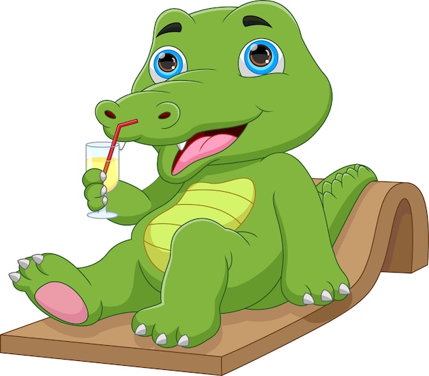 Vector cartoon baby crocodile sitting and drinking