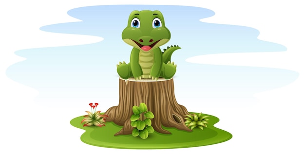 Cartoon baby crocodile sitting on tree stump