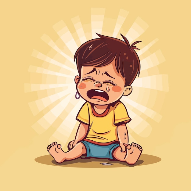 Vector a cartoon of a baby crying with a yellow shirt that says crying