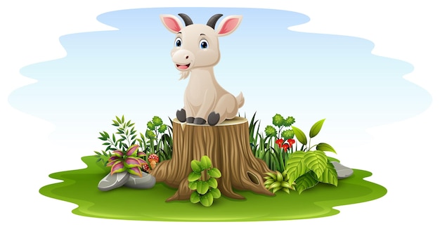 Cartoon baby goat sitting on tree stump