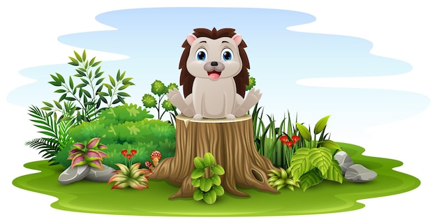 Cartoon baby hedgehog sitting on tree stump