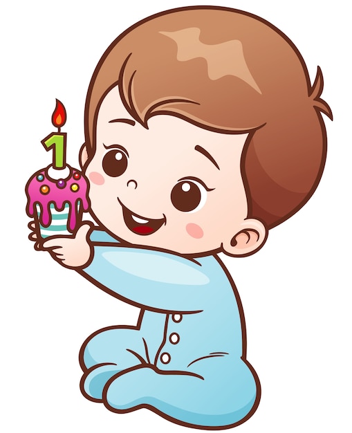 Cartoon Baby holding Birthday cake one year