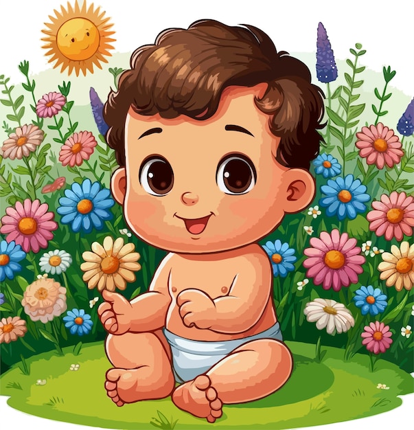 A cartoon baby is sitting in a field of flowers vector illustration