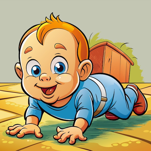 Vector a cartoon of a baby laying on the ground with a wooden crate in the background