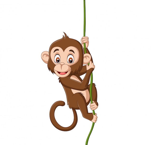 Cartoon baby monkey hanging on a tree branch