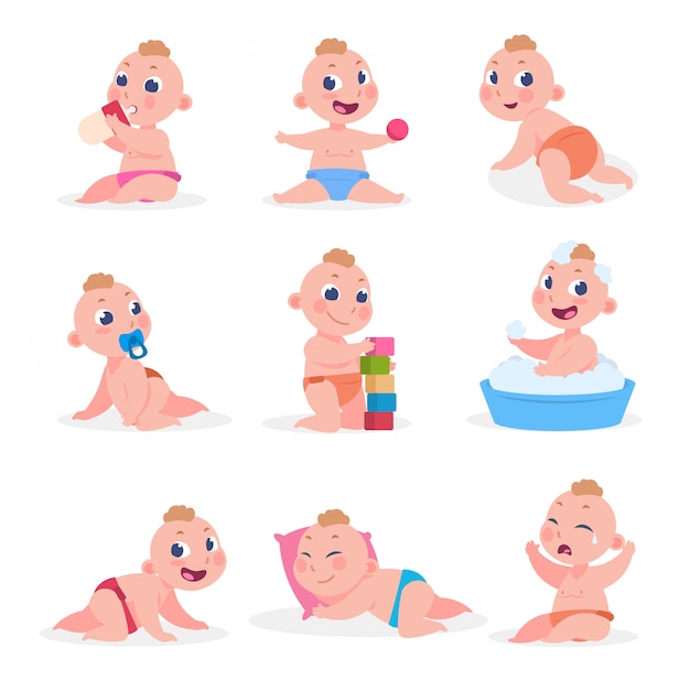 Cartoon baby. Newborn child in diaper eating sleeping crying playing, happy toddler learning to walk and sitting. flat kids newborn crying, crawling, drinking from bottle, crawling in diaper