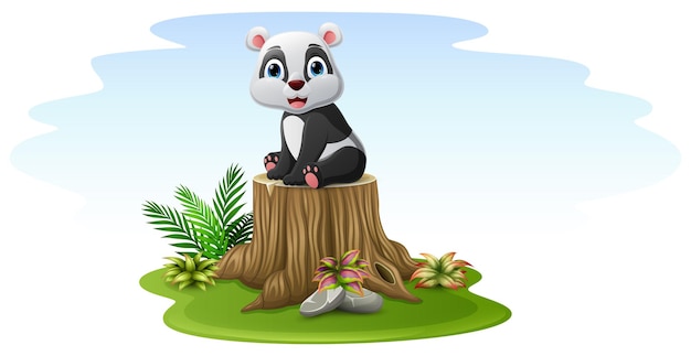 Cartoon baby panda sitting on tree stump