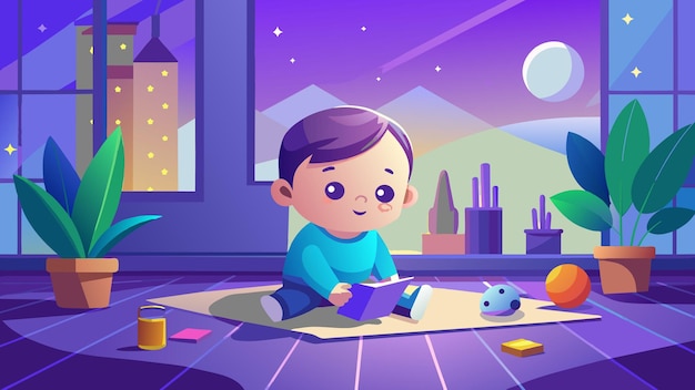 a cartoon of a baby reading a book in a room with a cartoon character on the floor