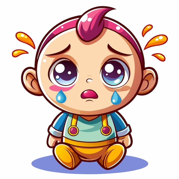 A cartoon baby with big sad eyes and a pink mohawk is crying with tears streaming down his cheeks