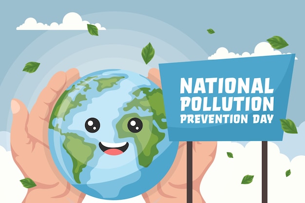 Cartoon background of planet earth held by open hands with national pollution prevention day text Poster to raise awareness about caring for the environment