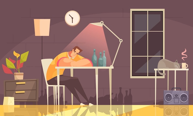 Vector cartoon background with lonely upset man suffering with alcohol sitting on chair at home addiction