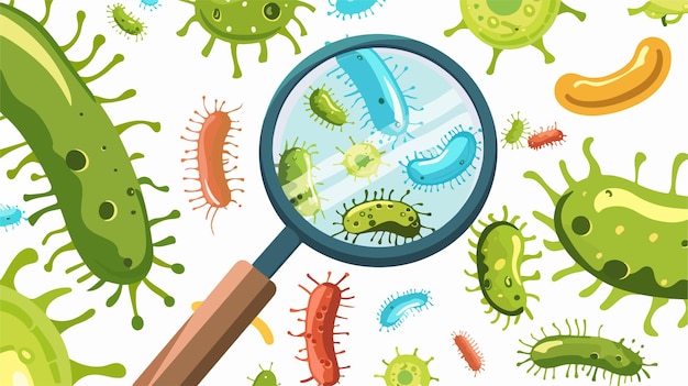 Vector cartoon bacteria under magnifying glass