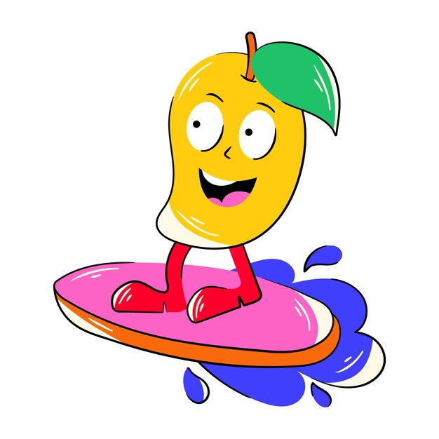 A cartoon of a banana on a surfboard with a leaf on it.