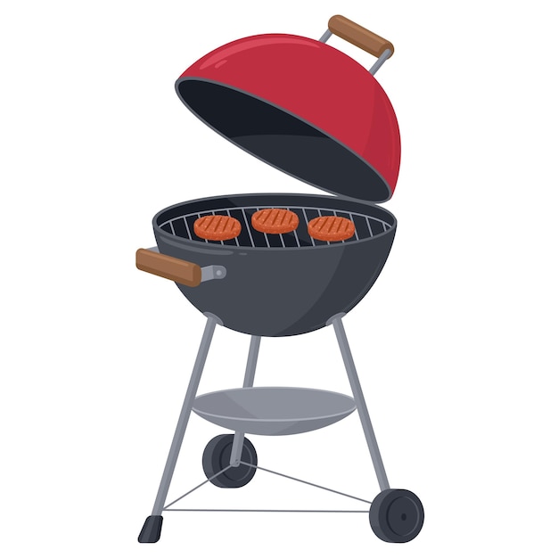 Cartoon barbecue grill Bbq picnic party device with cooking rack BBQ charcoal cookout equipment flat vector illustration on white background