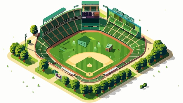 Vector a cartoon of a baseball stadium with a green field and a green stadium in the background