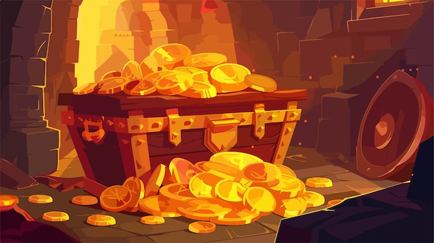 Vector a cartoon of a basket of gold coins and a fire place