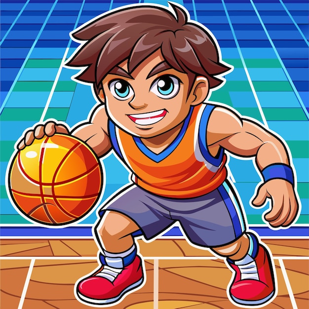 a cartoon of a basketball player with a blue shirt and a blue band on the front