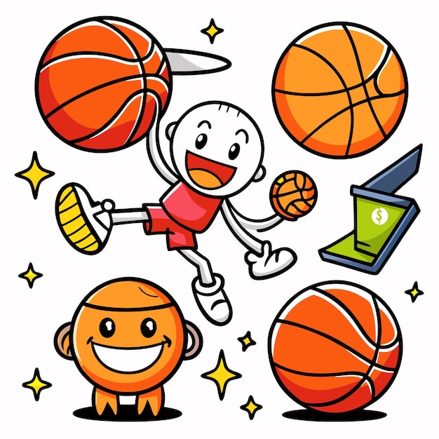 A cartoon basketball player with a happy expression is jumping to dunk a basketball There are three more basketballs one of which is also animated A donation box is in the background