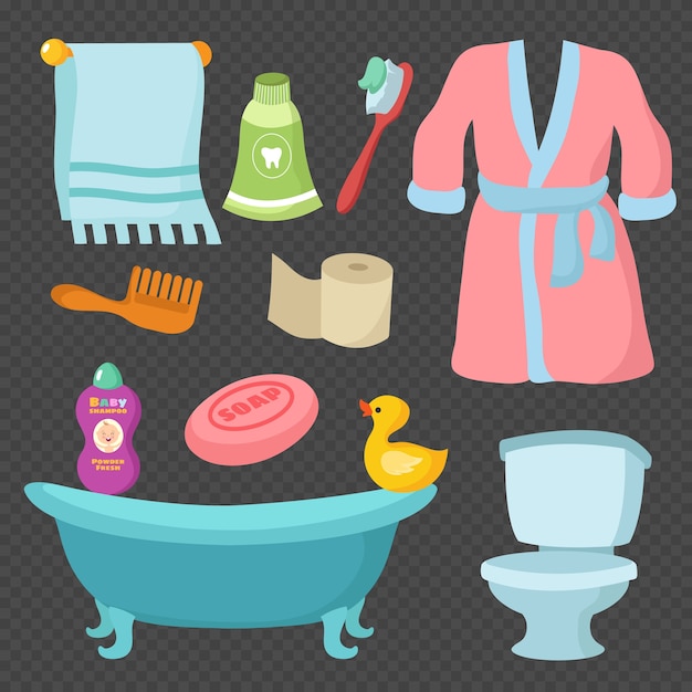 Cartoon bathroom accessories vocabulary isolated on transparent background