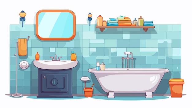 Vector cartoon bathroom furniture in a modern bath room interior of a house