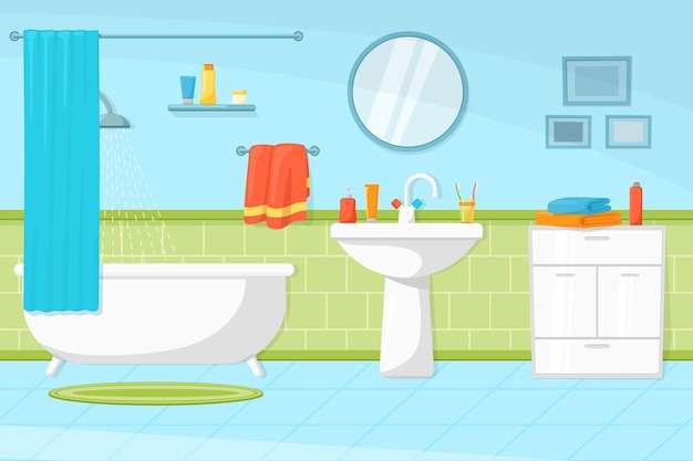 Cartoon bathroom interior Tub and sink flat restroom in house Hygiene room bath towels in hotel Shower design recent vector illustration