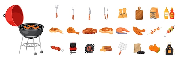 Cartoon bbq elements Summer barbecue burning grill picnic food roasted beef steak fish meat menu cooking chef grilling hamburger kebab sausage vegetable vector illustration Barbecue grill party