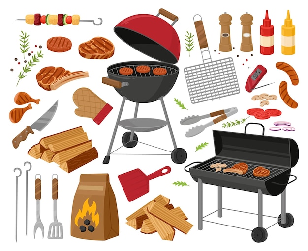 Cartoon bbq grill roasted meat and vegetables flat vector illustration set BBQ picnic collection