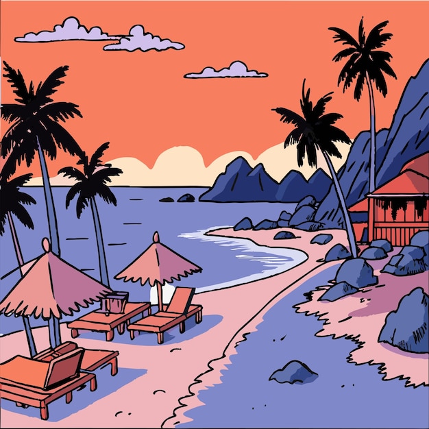 a cartoon of a beach scene with palm trees and a beach scene