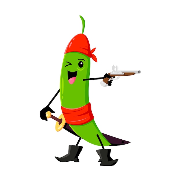 Cartoon bean pirate character happy smiling green pea vegetable corsair in filibuster costume Vector buccaneer personage wear cape and bandana shoot with gun Isolated freebooter or picaroon captain