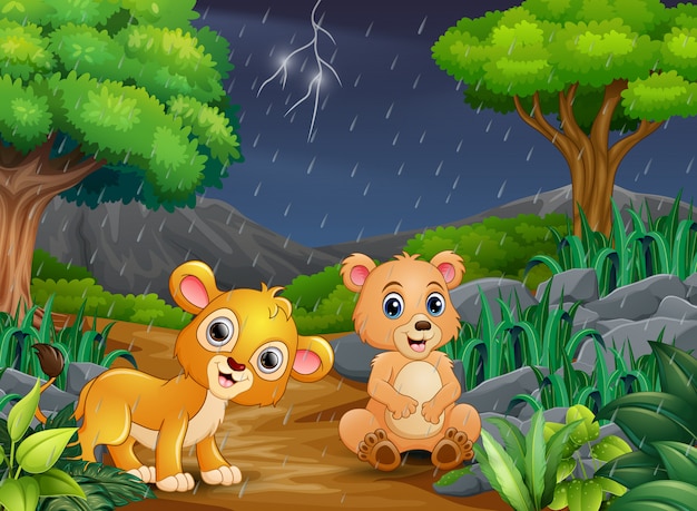 Cartoon a bear and baby lion in a forest under the rain