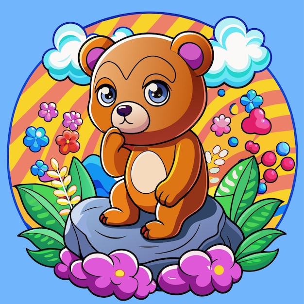 a cartoon of a bear on a blue background with flowers and a yellow and orange border