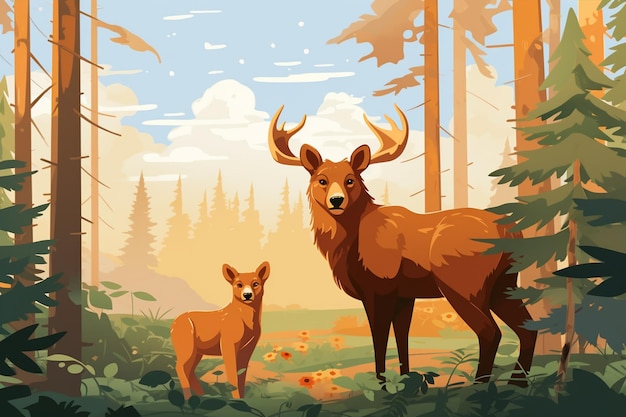 Cartoon Bear and Deer Vector