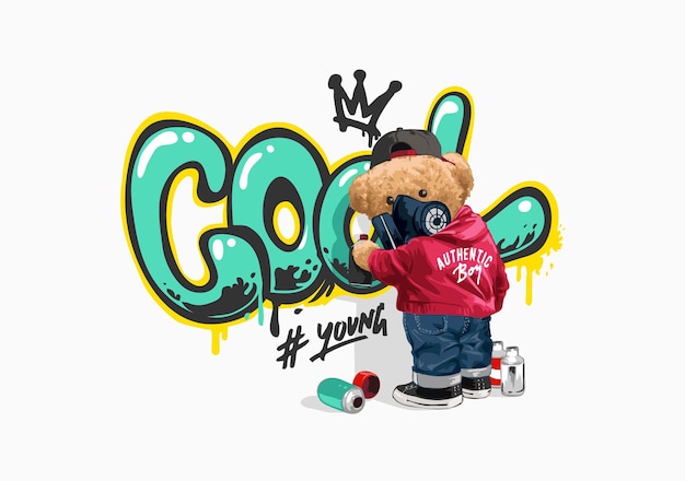 cartoon bear doll painting cool slogan on the wall illustration