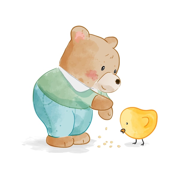 Cartoon bear feeding little duck cartoon illustration