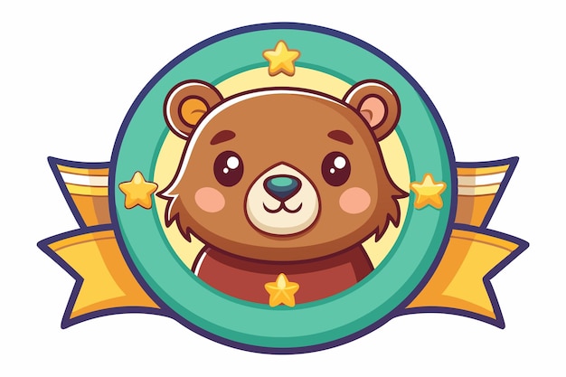 Cartoon Bear in a Green Circle with Stars and a Yellow Ribbon