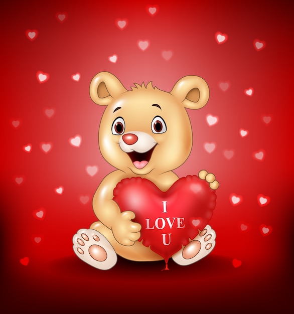 Cartoon bear holding red heart balloons