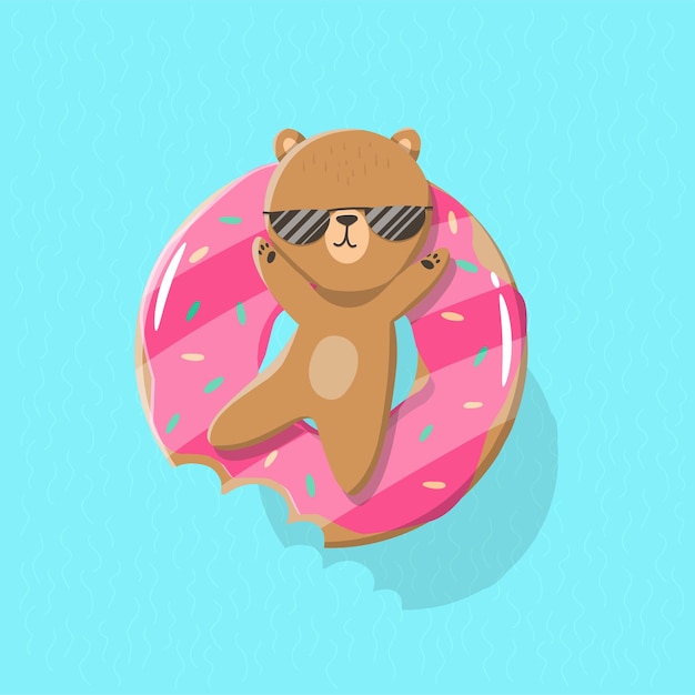 Cartoon bear in the pool on the swim ring donut