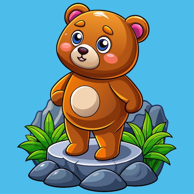 a cartoon bear on a rock with a blue background