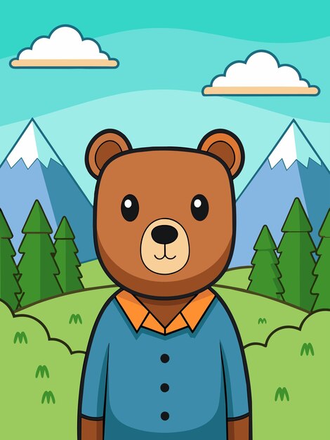 Vector cartoon bear wearing blue shirt in mountain landscape