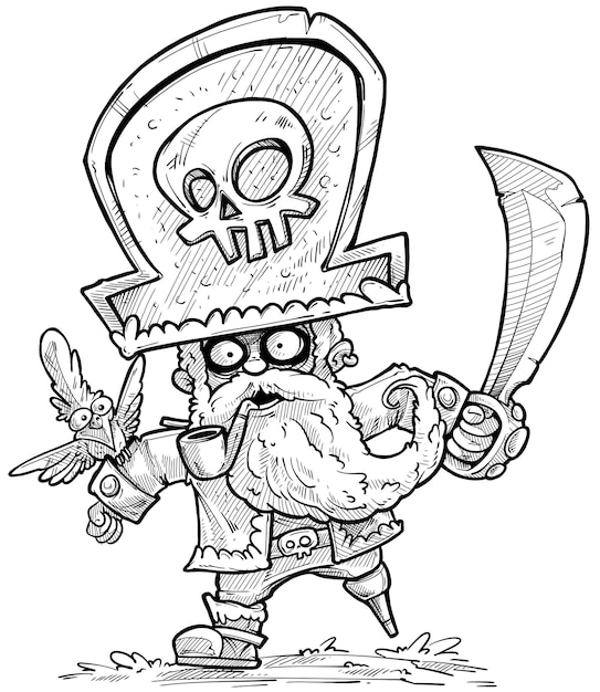 Cartoon bearded pirate in big hat with parrot, sword and tobacco pipe. Vector black and white sketch.