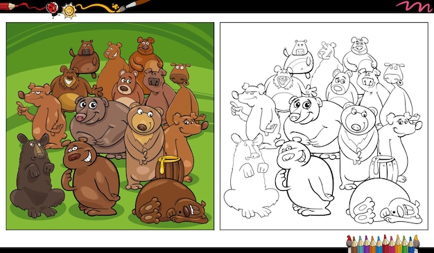 cartoon bears wild animal characters group coloring page