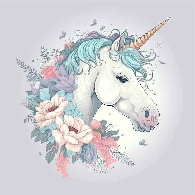 Cartoon beautiful unicorn head with beautiful flowers